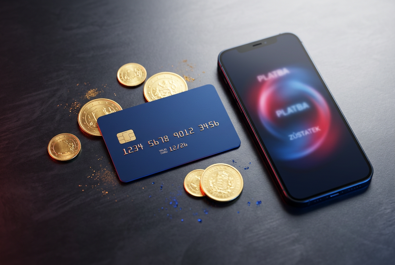 Platební karta a smartphone s abstraktním svitem